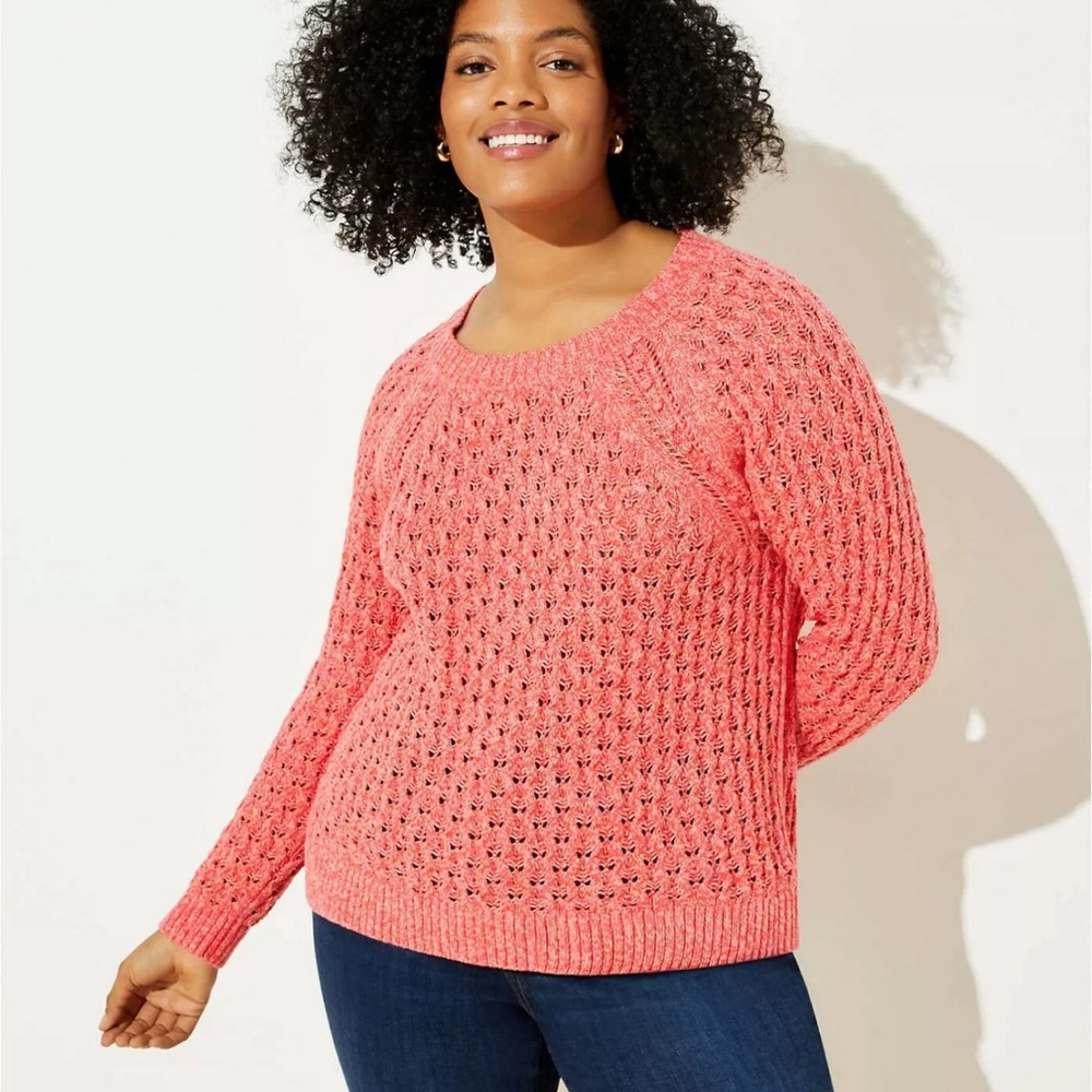 LOFT Plus‎ Marled Bobble Pointelle Sweater Spring Coral Size 20/22 Minimalist